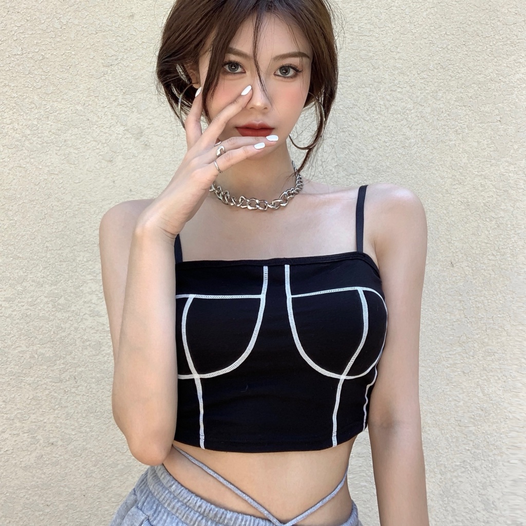 Áo hai dây dệt kim ZHELIHANGFEI dáng ngắn có đệm ngực phong cách gợi cảm