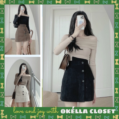 Chân váy nhung tăm dáng ngắn hàng QC vạt lệch Okella CV017 | BigBuy360 - bigbuy360.vn