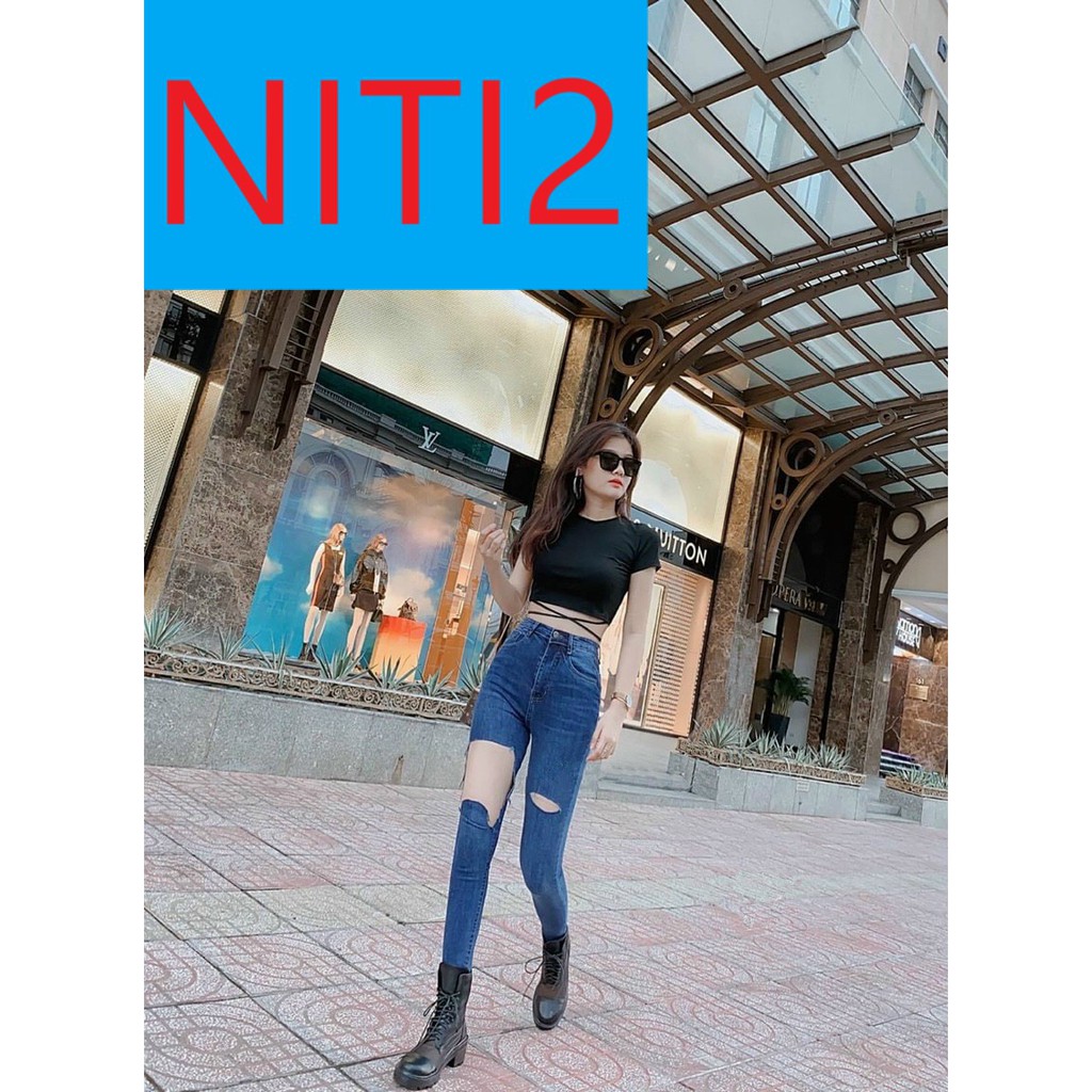 [ CHÉM GIÁ ] QUẦN SKINNY JEAN NỮ LƯNG CAO RÁCH MẢNG TO ĐÙI PHẢI NGANG ĐÙI TRÁI MÀU XANH ĐẬM CAO CẤP NITIQC ĐỦ SIZE