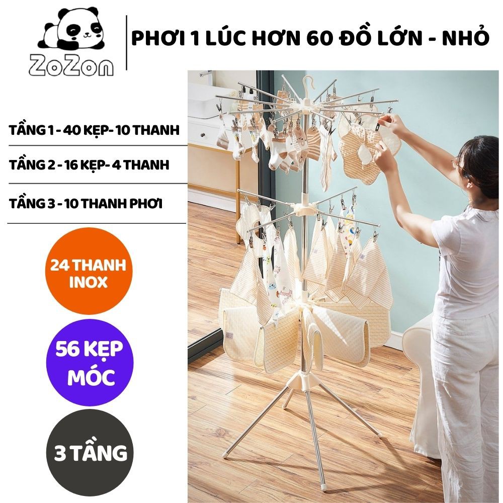 Cây phơi quần áo inox gấp gọn 3 tầng 56-80 kẹp móc quần áo cho trẻ sơ sinh Zozon