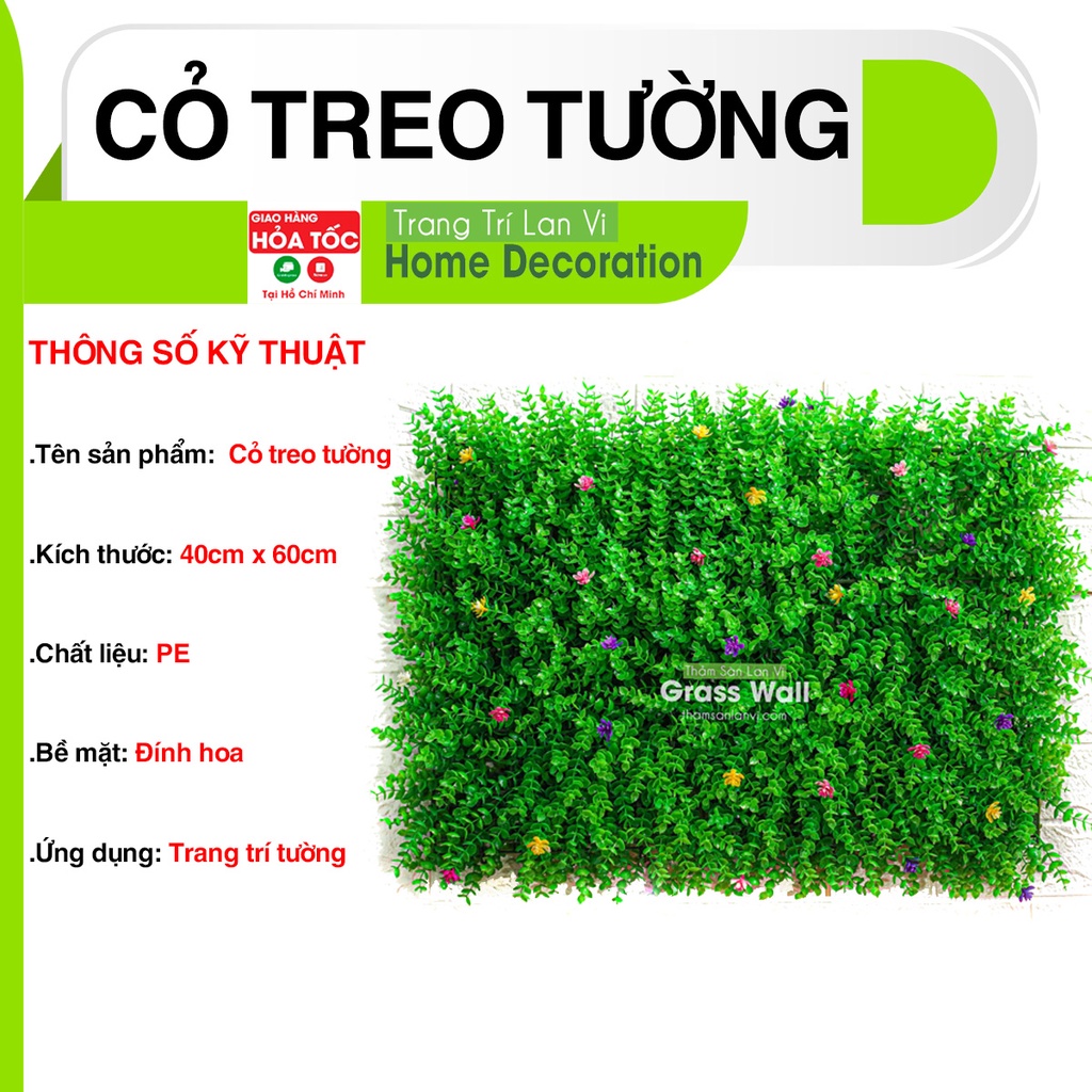 Tấm cỏ nhân tạo tai chuột đính hoa trang trí treo tường, khung rào cửa sổ nhà cửa, size 40cm x 60cm
