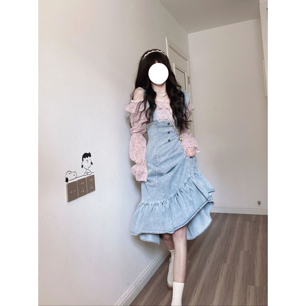 2023 Áo sơ mi denim mới + Váy in hoa Phù hợp với thời trang nữ Hàn Quốc