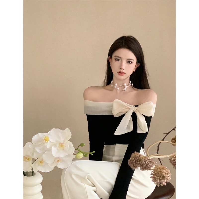 Áo Thun Trễ Vai Một Bên Vai Thắt Nơ Cảm Giác Thiết Kế Mỏng Đa Năng Dành Cho Bạn Nữ