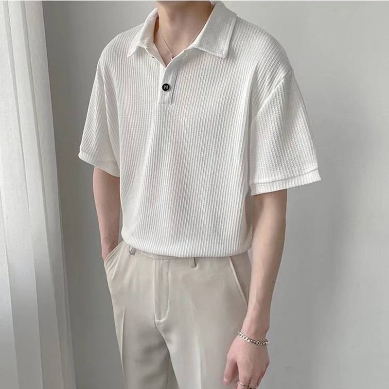 Áo Thun polo Tay Lỡ Cổ Bẻ Màu Trơn Dáng Rộng Phong Cách Hàn Quốc Thời Trang Mùa Hè Cho Nam Size M-2XL
