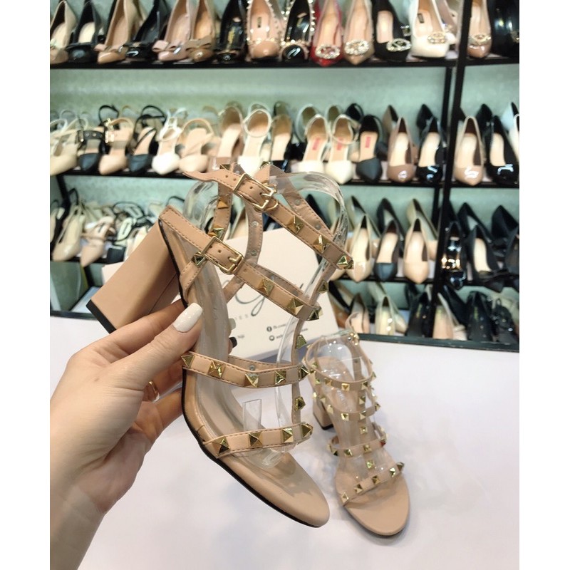 Sandal dây mảnh da lì nhiều quai đinh tán gót trụ 7p ( ảnh thật, kèm video)