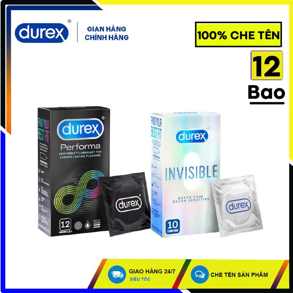 Bộ 2 bao cao su siêu mỏng Durex Invisible 10 bao và Durex Performa 12 bao. Tặng kèm hôp 3 bao cao su durex.