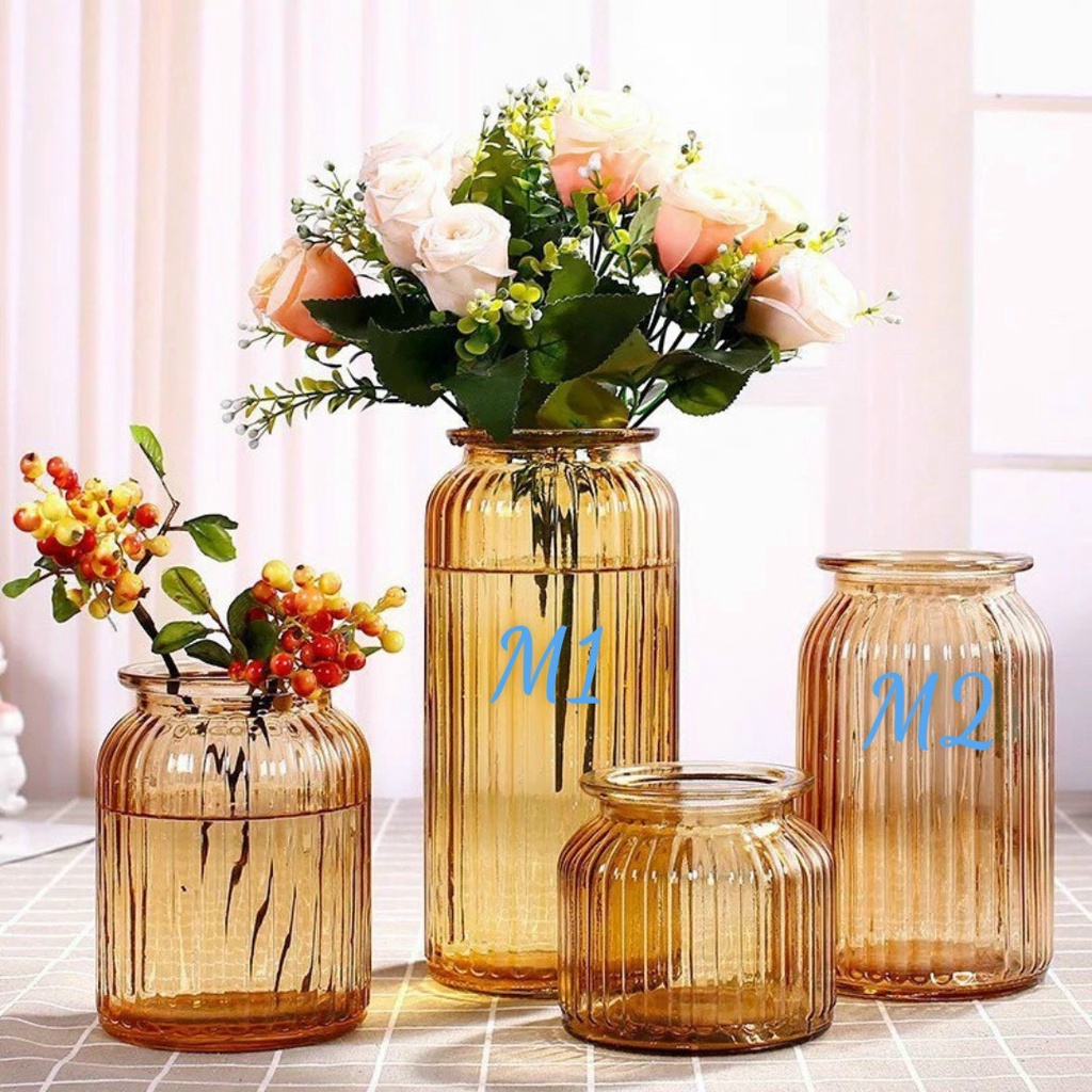Lọ hoa thủy tinh 25cm màu hổ phách, phong các pha lê vintage, lọ dáng trụ sọc
