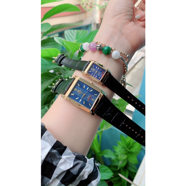 Đồng Hồ Cặp Đôi Nam Nữ Orient Dây Da Mặt Chữ Nhật , Kính sapphire Size Nam 30 x 34, size nữ 20x24