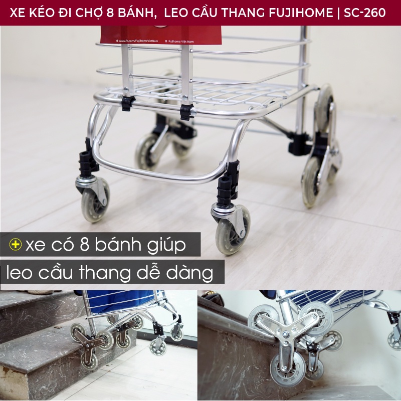 Xe kéo hàng đi chợ siêu thị có giỏ gấp gọn đa năng FUJIHOME SC-260, giỏ kéo hàng 8 bánh leo cầu thang