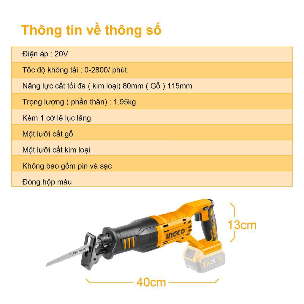 Máy cưa kiếm cầm tay dùng pin INGCO CRSLI1151 (chưa bao gồm pin và sạc)