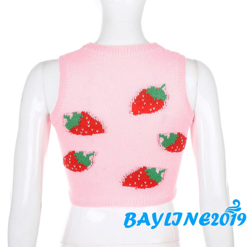 Áo Croptop Không Tay In Hình Quả Dâu Dễ Thương Cho Nữ