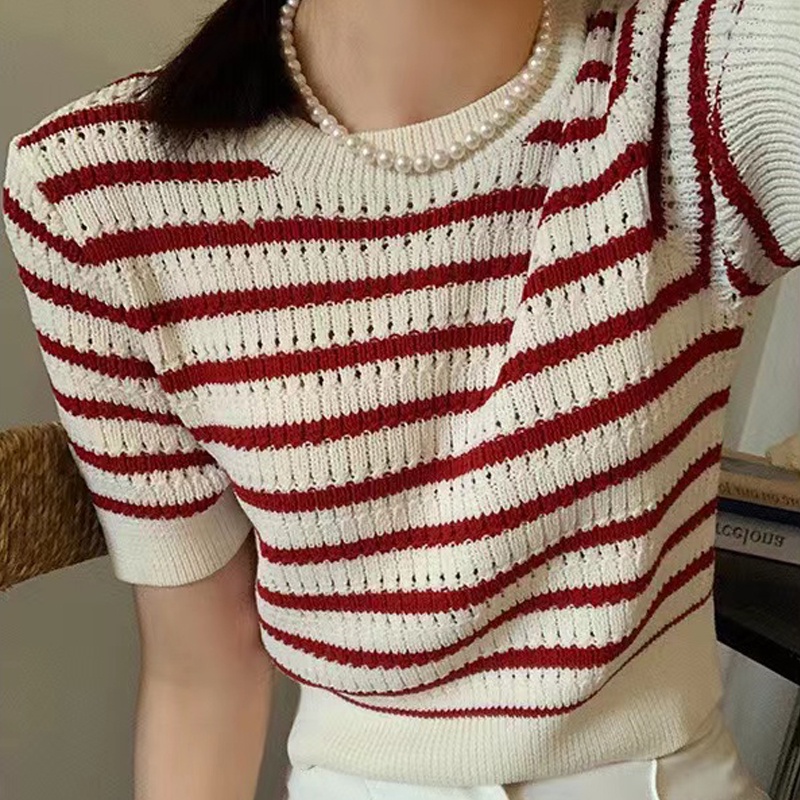 Áo Thun Dệt Kim Tay Ngắn Họa Tiết Kẻ Sọc Thời Trang Mùa Hè Hàn Quốc Hàng Mới 2022 Dành Cho Bạn Nữ