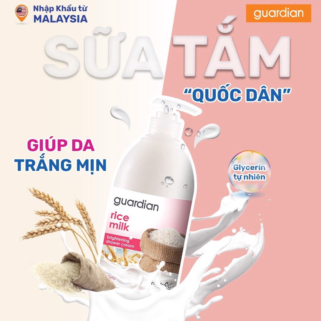 Sữa Tắm Dưỡng Sáng Da Guardian Brightening Rice Milk Shower Cream Chiết Xuất Gạo 1000ml / 1L