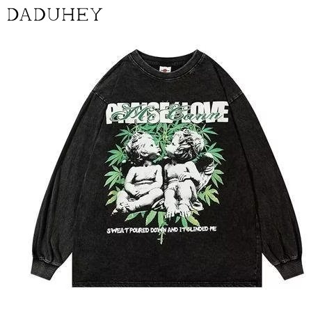 DaDuHey American Retro Worn Looking Washed-out Printed Long-Sleeved T-shirt Men's and Women's Ins Fashion Brand Couple Wear Street Fun Top