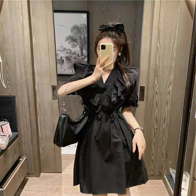 Đầm tay phồng dáng chữ A màu đen phong cách Pháp thời trang năng động trẻ trung