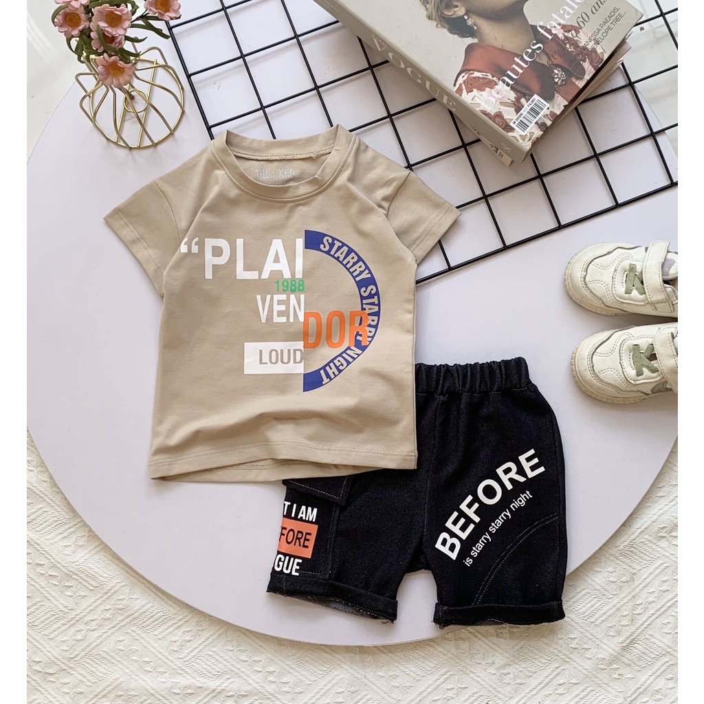 Set Đồ bộ bé trai Áo thun ngắn tay cotton 100% co giản 4 chiều in chữ Dor Quần short thun giả jean cho bé từ 8-36kg