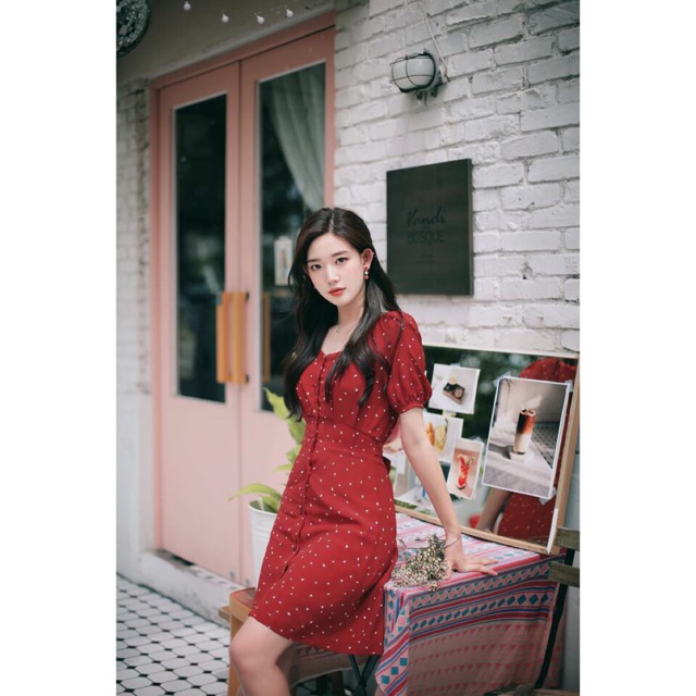 🍒Đầm cổ vuông bi đỏ tay phồng thắt nơ eo cùng với cardi dress 🎁 Ảnh thật