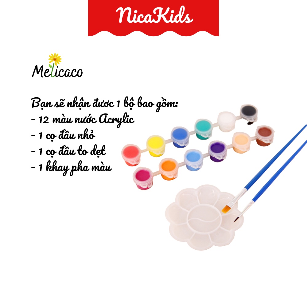 Bộ 12 màu nước 3ml kèm 2 cọ vẽ, khay pha màu cho bé thỏa sức sáng tạo