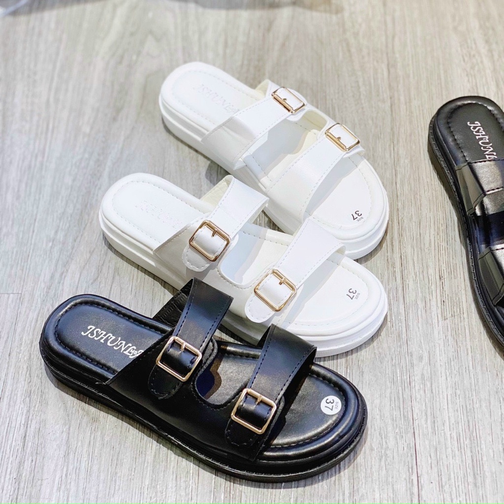 Sandal và dép lê da mịn 2 đai ngang đen trắng mũi tròn - 2P