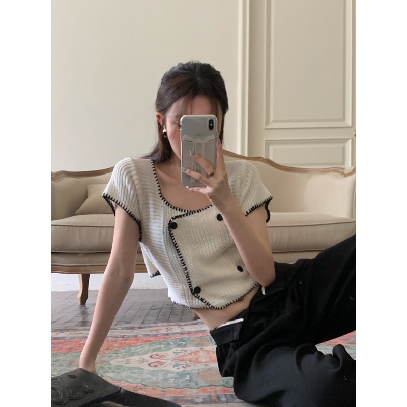 Porozi  Áo kiểu  dệt kim tay ngắn ôm dáng vừa vặn phong cách Hàn Quốc thời trang dành cho nữ