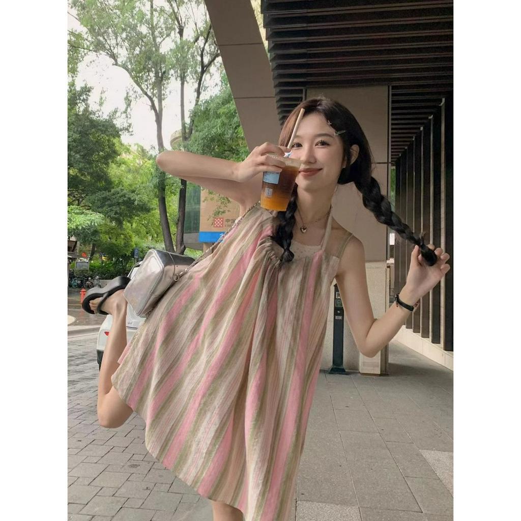 Đầm Hai Dây Hở Lưng Dáng Rộng Họa Tiết Kẻ Sọc Thời Trang Mùa Hè Hàng Mới 2023 Dành Cho Bạn Nữ