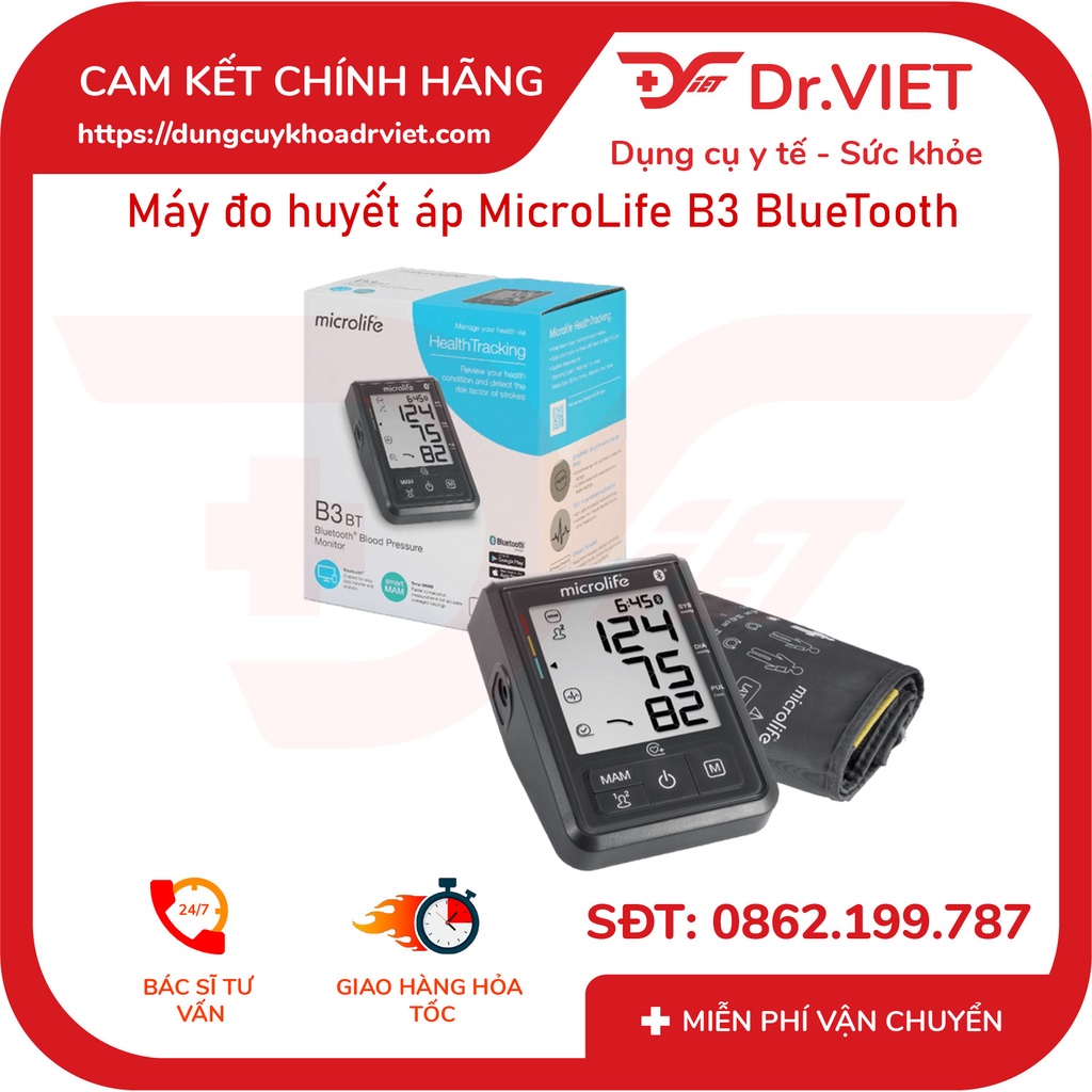 Máy đo huyết áp bắp tay Microlife B3 Bluetooth - Đo huyết áp và nhịp tim tại nhà, cảnh báo đột quỵ