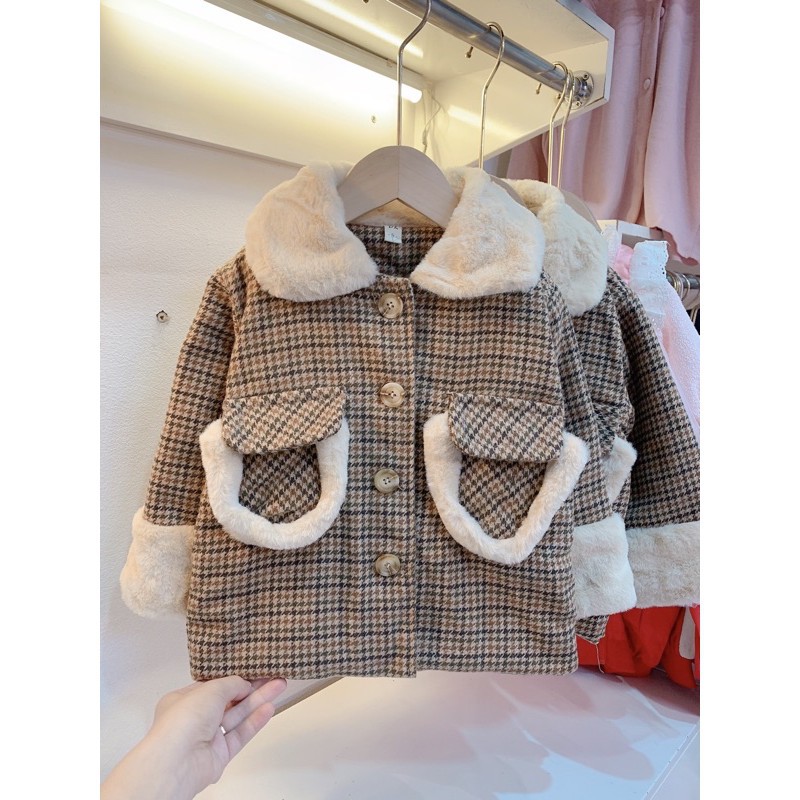 Áo Khoác Dạ Kẻ Cổ Lông Lót Phao Phong Cách Hàn Quốc Cho Bé Gái -Q11800