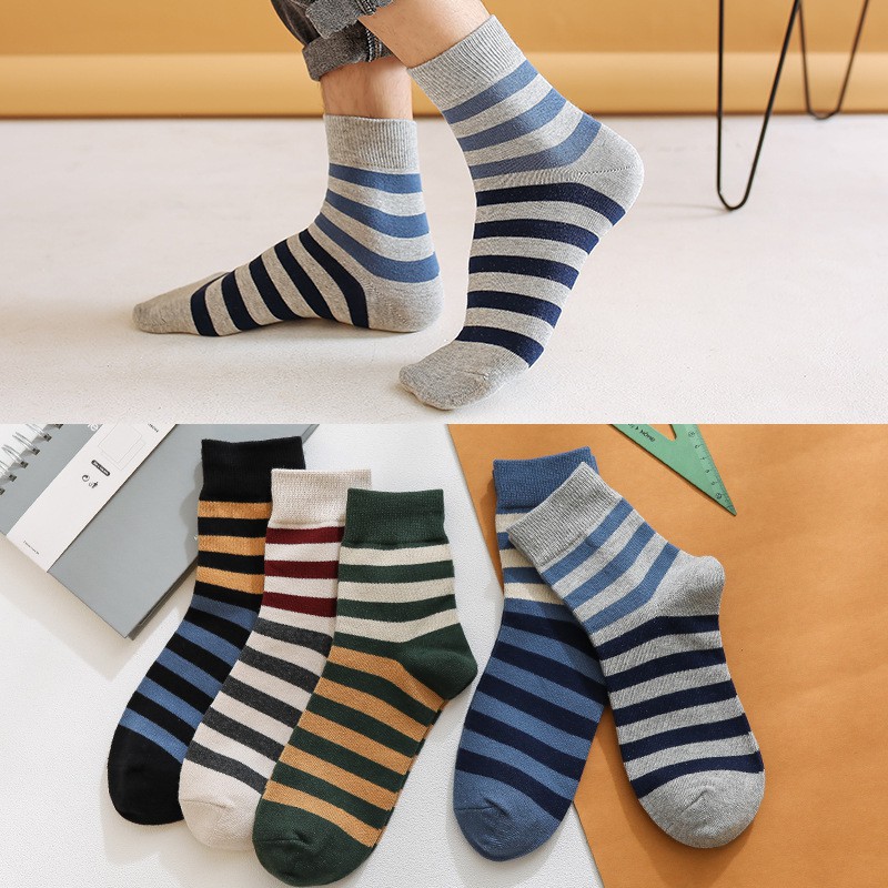 [SET 5 ĐÔI] Vớ Nữ Cổ Cao Cao Cấp Họa Tiết Sọc Ngang, Tất Nữ Cotton mềm mịn thoáng mát khử mùi