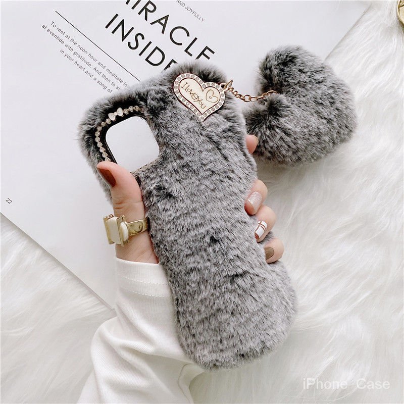 Ốp Lưng Bọc Lông Mềm Đính Hình Trái Tim Cho Điện Thoại iphone 11 12 13 14 15 pro max