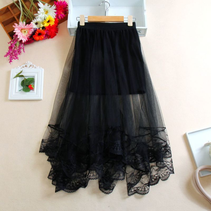 Váy ren lửng hai lớp màu trơn lưng cao thời trang cho nữ