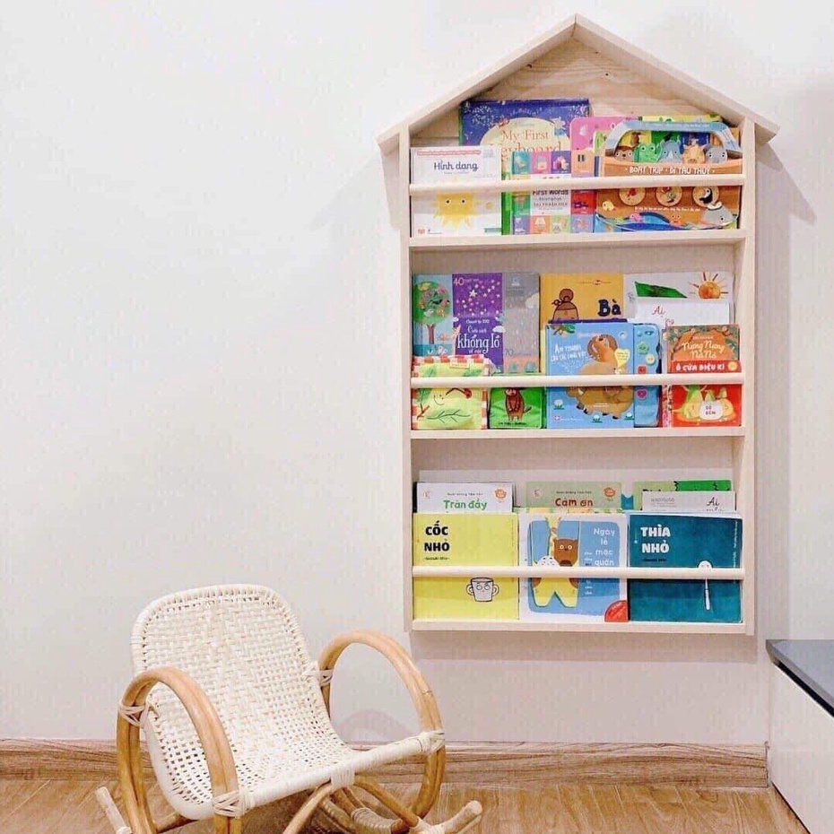 Gía sách cho bé, giá để sách treo tường hình ngôi nhà bằng Gỗ, trang trí phòng trẻ em,MINDESIGN gỗ tự nhiên an toàn!