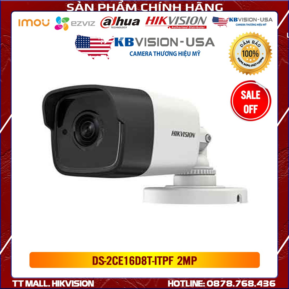 Camera HDTVI Starlight Hikvision DS-2CE16D8T-ITPF 2MP vỏ nhựa hàng chính hãng bảo hành 2 năm