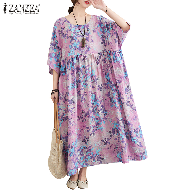 Đầm Nữ ZANZEA Dài Rộng Tay Ngắn In Hoa Mùa Lễ Thông Thường