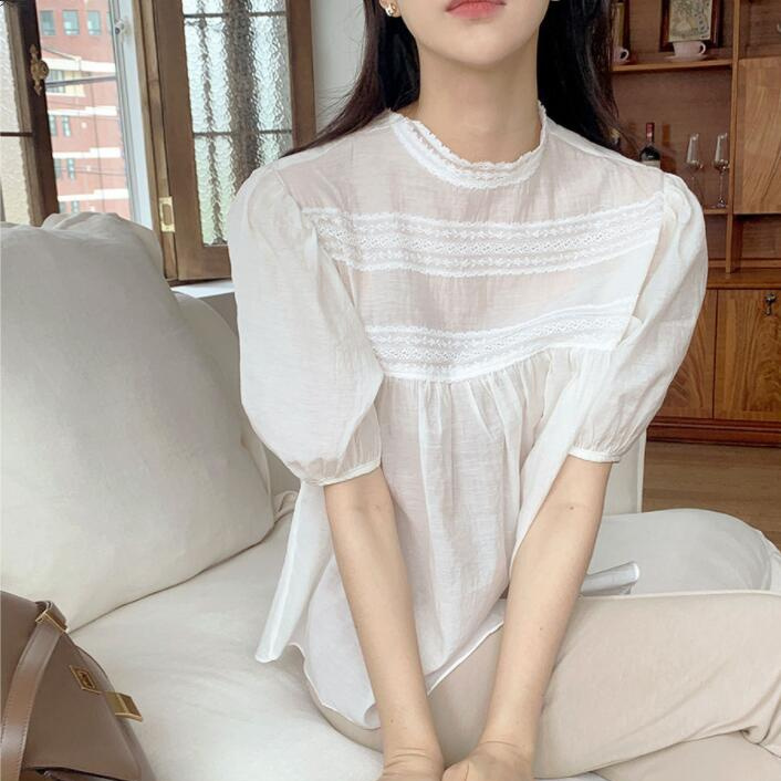 Áo Sơ Mi Tay Ngắn Cổ Búp Bê Phối Ren Phong Cách Hàn Quốc Thời Trang Cho Nữ