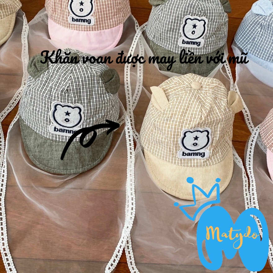 Mũ cho bé sơ sinh đẹp có khăn voan che mặt nón chống dịch chống bụi cho trẻ đi tiêm phòng an toàn gấu kẻ 0-6 tháng