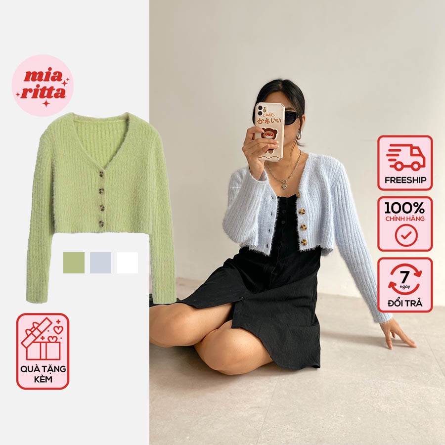 Áo crop top len cardigan lông mịn khuy trước Fluffy Crop Cardigan Mia Ritta A1817