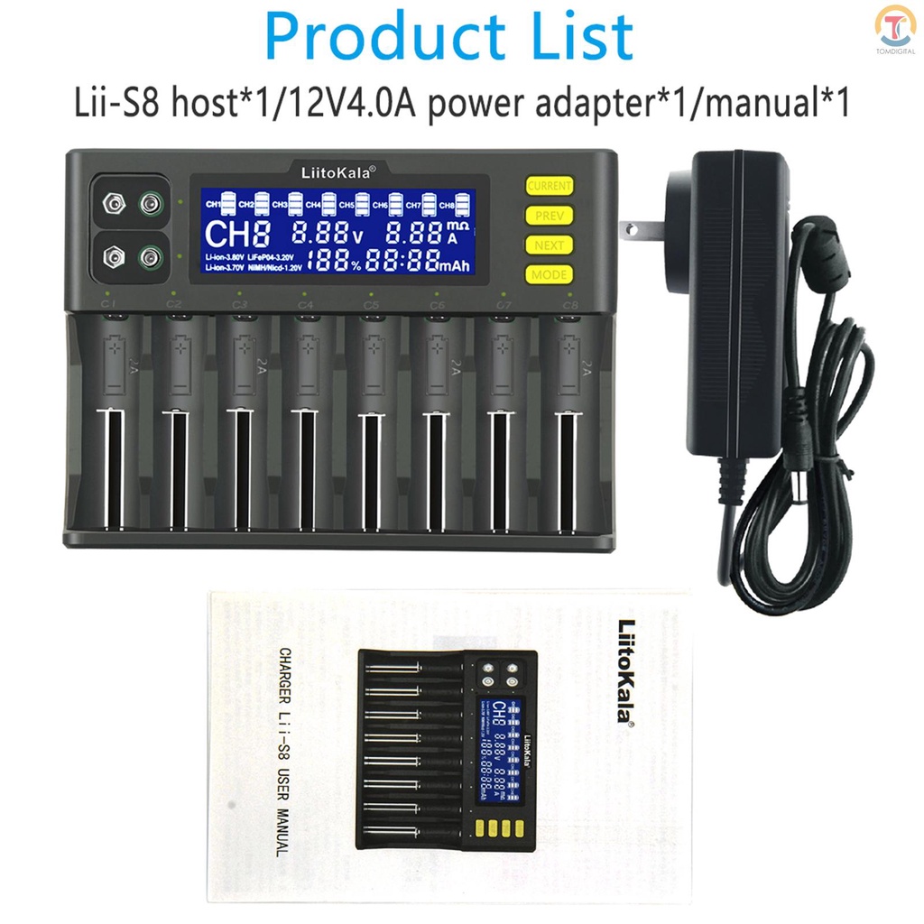Pin liitokala lii-s8 li-ion 3.7v nimh 1.2v li-fepo4 3.2v imr 3.8v cho 18650 26650 21700 26700 26700Aa aaa