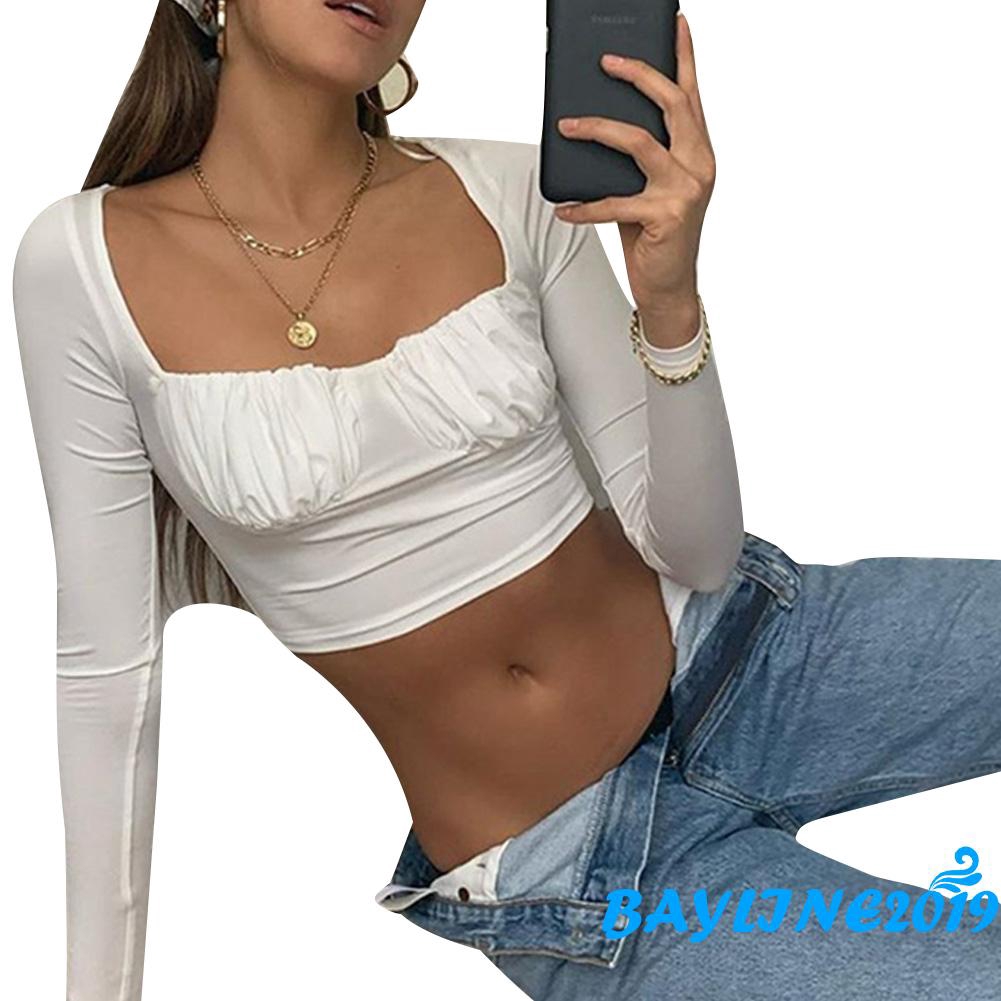 Áo Croptop Tay Dài Cổ Vuông Màu Trơn Thời Trang Cho Nữ