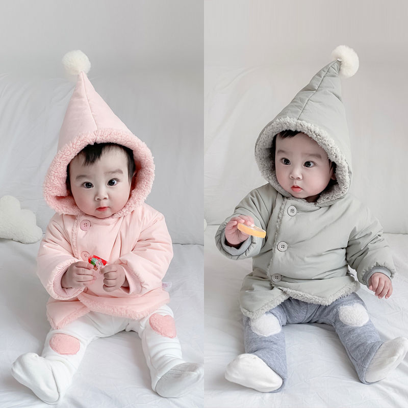 Áo khoác dài tay có mũ trùm đầu lớp lót nhung màu trơn thời trang mùa đông dành cho bé trai/bé gái