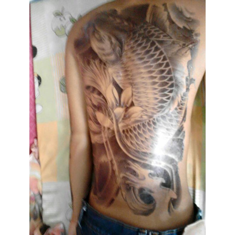 Hình xăm dán tattoo cao cấp kín lưng 34x48cm CÁ CHÉP BÊN HOA SEN (Quà tặng kèm: 1 hình xăm dán đẹp mê ly!)