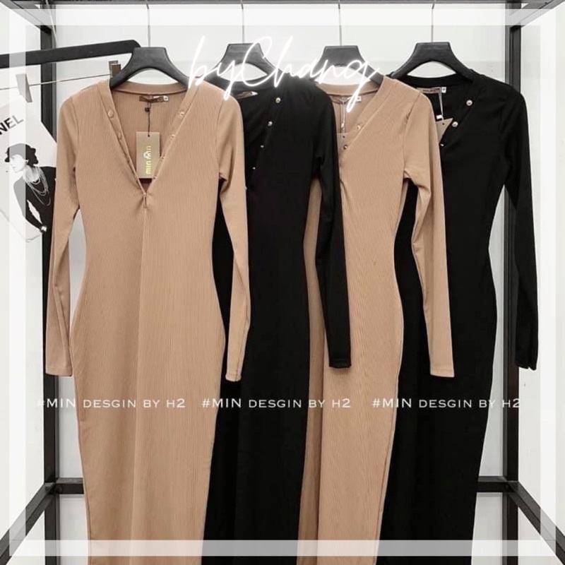 [HÌNH THẬT] Đầm Body Maxi Gân Nút Bấm Tay Dài Xịn Mịn byChang | BigBuy360 - bigbuy360.vn