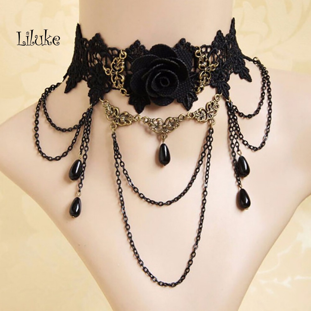Vòng Cổ Choker Phối Ren Hoa Hồng Thời Trang Xinh Xắn Cho Nữ