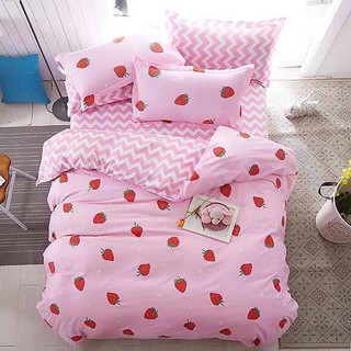 Bộ ga gối poly cotton Mẫu dâu hồng cute. Chăn Ga Gối Đủ Mẫu, Kích Thước Lựa Chọn