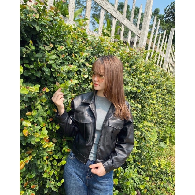 Áo da nữ xịn croptop hãng Em.ma/Active.Usa xuất Hàn cao cấp dáng vai rộng hottren