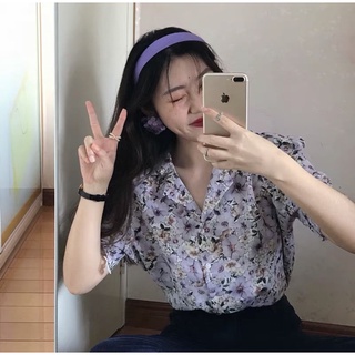 Áo kiểu vintage hoa tím tay bồng (hình thật)