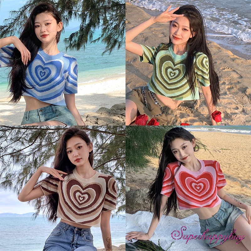Áo Thun Dệt Kim Tay Ngắn Cổ Tròn In Hình Trái Tim Thời Trang Cho Nữ
