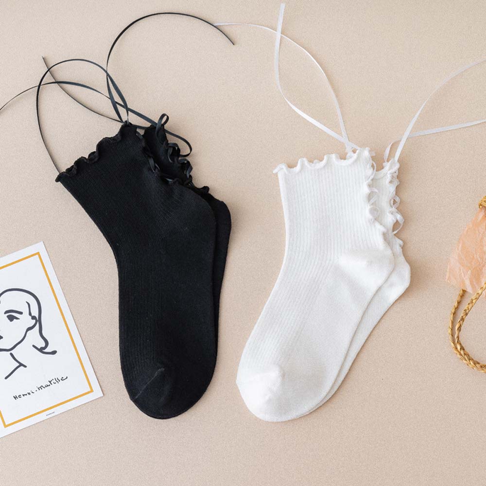 Đôi Vớ Cotton Màu Trắng / Đen Phong Cách Hàn Quốc Thời Trang Mùa Hè Cho Nữ