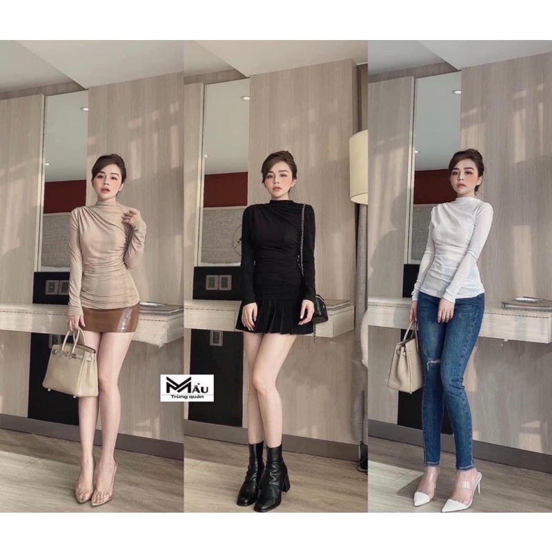 Áo thun giấy rúm cổ leo 3P chất mỏng nhẹ, Áo kiểu cổ cao dài tay AT7128 - NhiNhi Shop