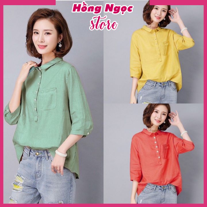 Áo sơ mi kiểu tay lỡ form rộng, chất liệu Đũi tơ mềm mát, thấm hút mồ hôi, áo kiểu nữ Hồng Ngọc Store SMH.49
