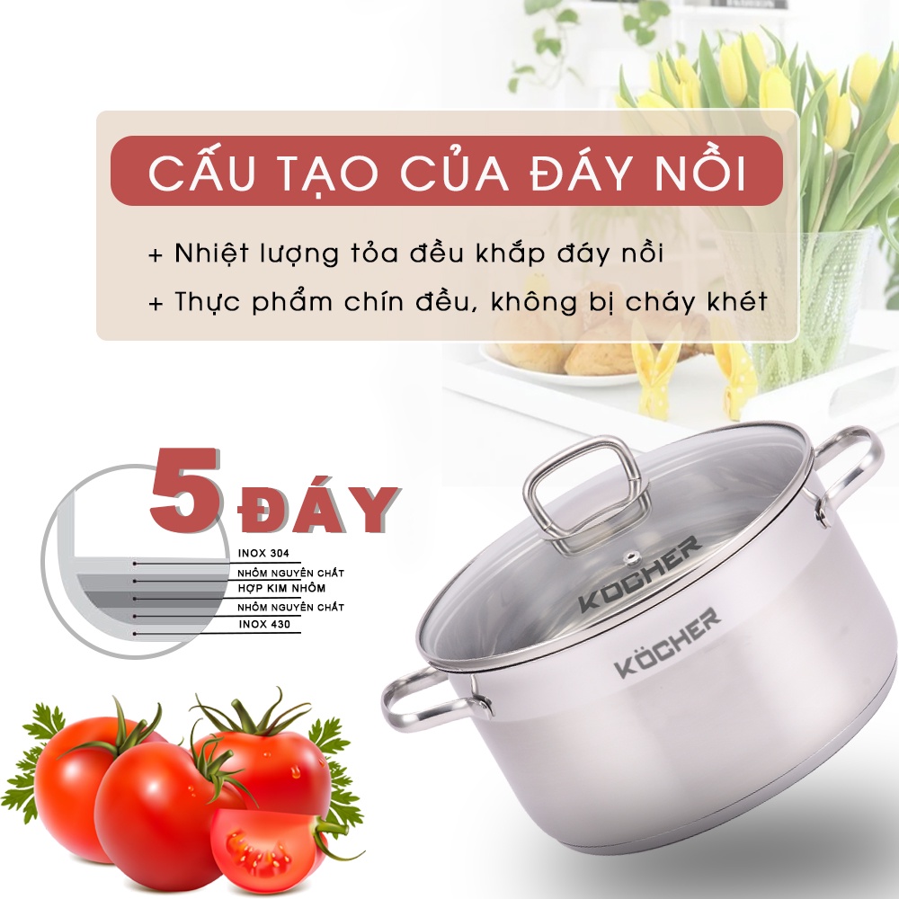 Nồi inox 304 nấu bếp từ 5 đáy cao cấp KOCHER size 20cm - Hàng nhập khẩu Chính hãng